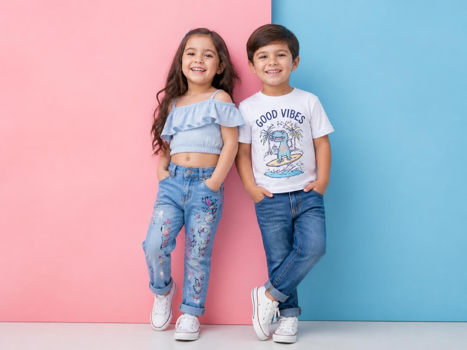 A girl in denim jeans and a top with a boy in a stylish t-shirt and jeans, both aged around five